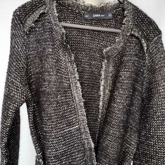 Zara (M) long, frayed-edge cardigan, with wrap tie, pockets & metallic threads - Picture 2 of 16